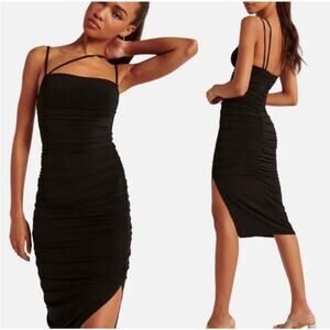 Abercrombie & Fitch Black Asymmetrical Strappy Ruched Midi Dress Black‎ Size SP
